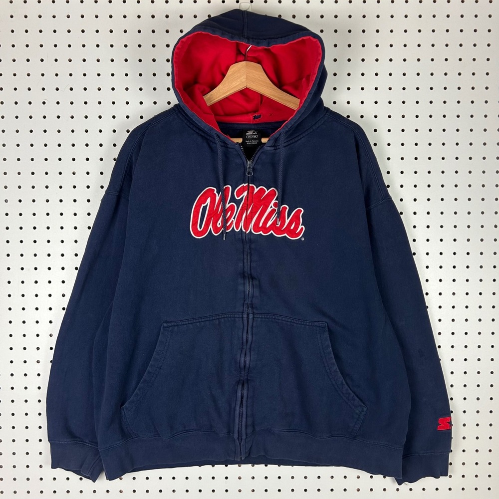 Starter Ole Miss Rebels Full Zip Hoodie 2XL Navy Blue Red Boxy Sweatshirt Y2K